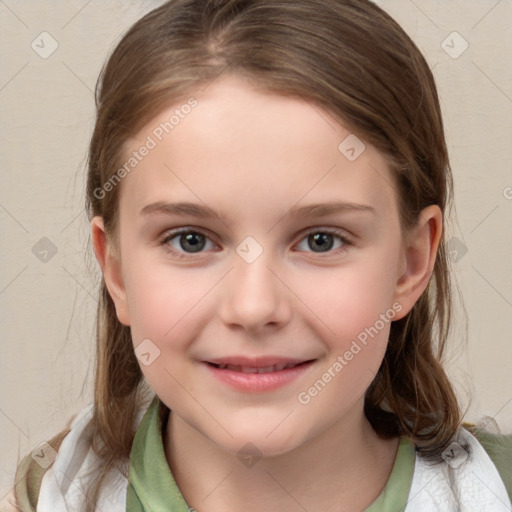 Joyful white child female with medium  brown hair and grey eyes