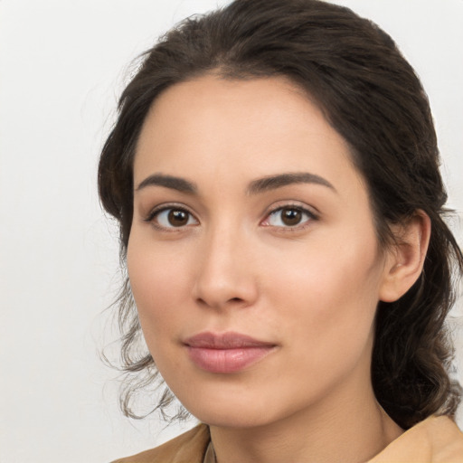 Neutral asian young-adult female with medium  brown hair and brown eyes