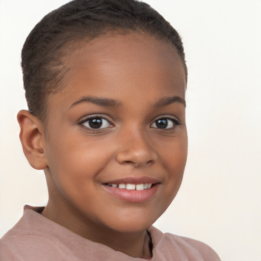 Joyful white child female with short  brown hair and brown eyes