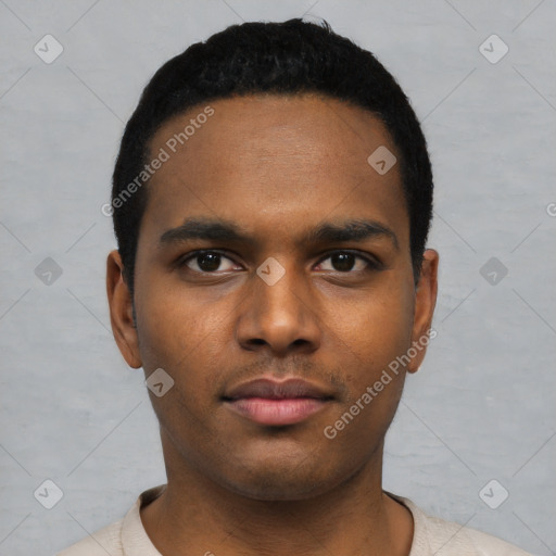 Neutral black young-adult male with short  black hair and brown eyes