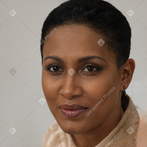 Joyful black young-adult female with short  black hair and brown eyes