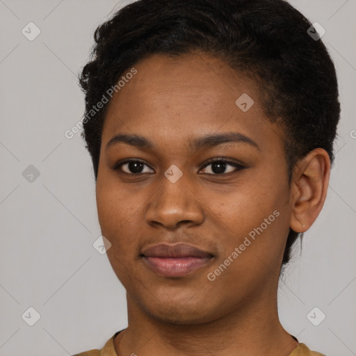 Joyful black young-adult female with short  brown hair and brown eyes