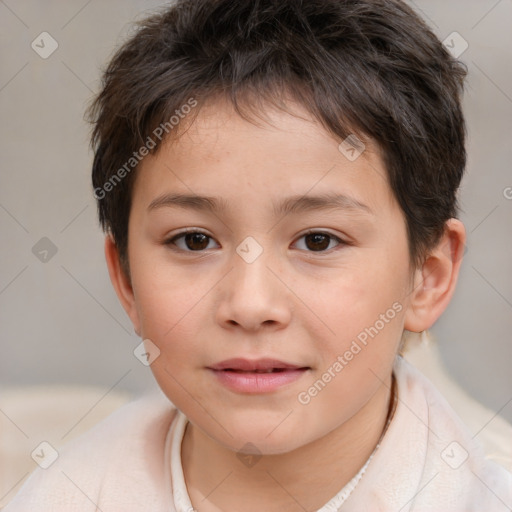 Joyful white child female with short  brown hair and brown eyes