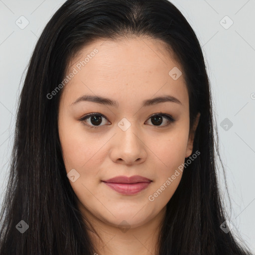 Joyful asian young-adult female with long  brown hair and brown eyes