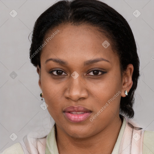 Joyful latino young-adult female with short  brown hair and brown eyes