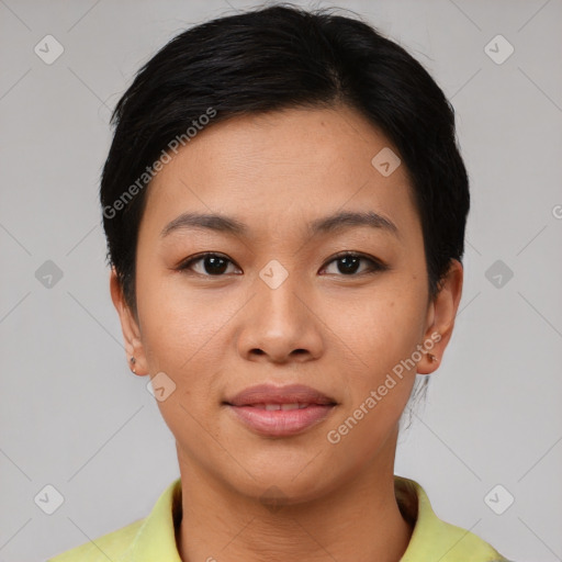 Joyful asian young-adult female with short  black hair and brown eyes