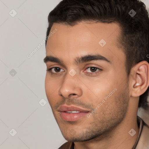 Neutral white young-adult male with short  brown hair and brown eyes