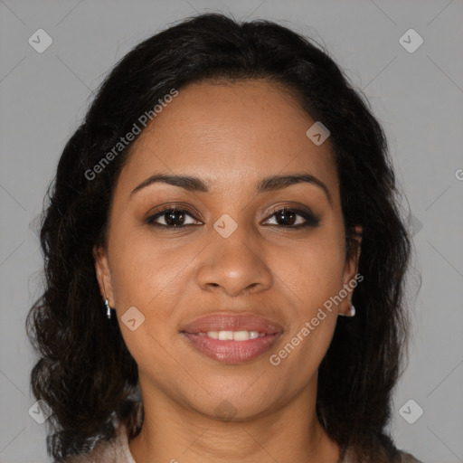 Joyful black young-adult female with medium  brown hair and brown eyes