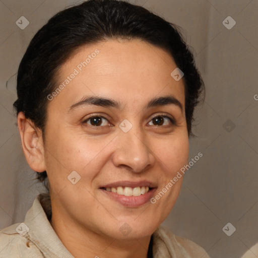 Joyful white adult female with medium  brown hair and brown eyes