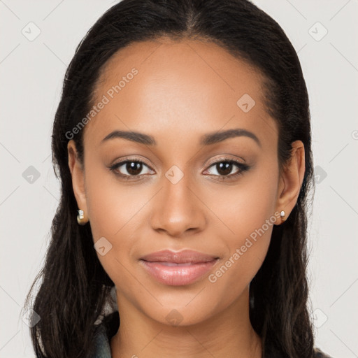 Joyful latino young-adult female with long  brown hair and brown eyes