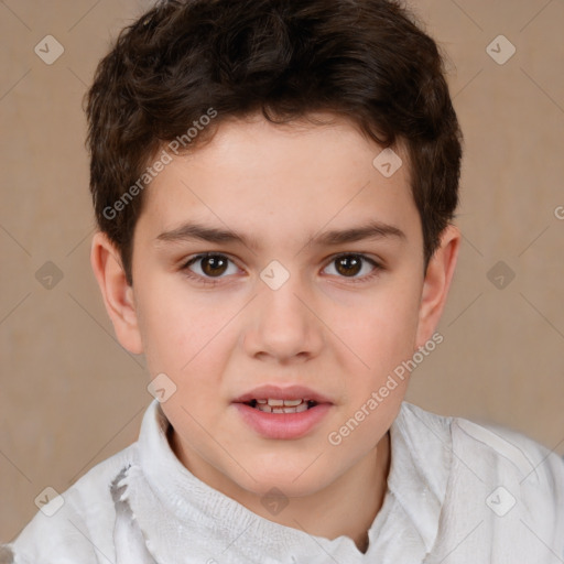 Joyful white child male with short  brown hair and brown eyes