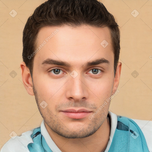 Neutral white young-adult male with short  brown hair and brown eyes