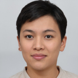 Joyful asian young-adult female with short  brown hair and brown eyes