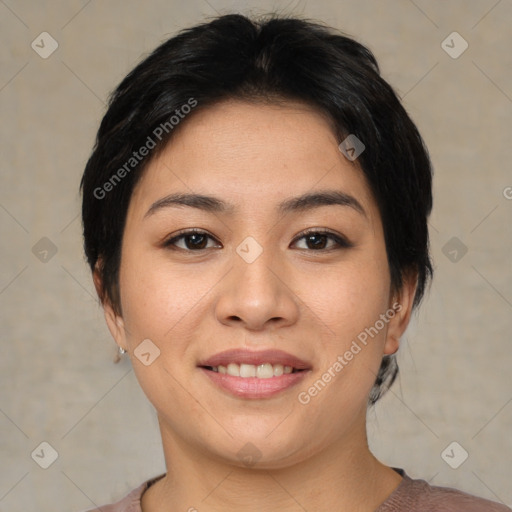 Joyful asian young-adult female with medium  brown hair and brown eyes