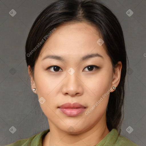 Neutral asian young-adult female with medium  brown hair and brown eyes