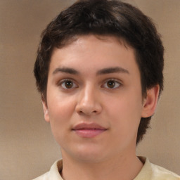 Neutral white young-adult female with short  brown hair and brown eyes