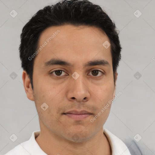 Neutral asian young-adult male with short  black hair and brown eyes