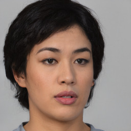 Neutral asian young-adult female with medium  black hair and brown eyes