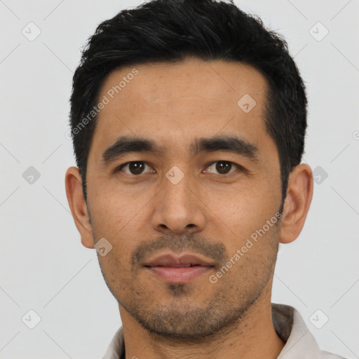 Neutral asian young-adult male with short  black hair and brown eyes