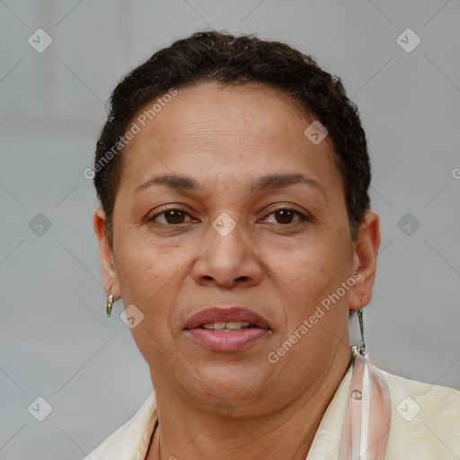 Joyful white adult female with short  brown hair and brown eyes