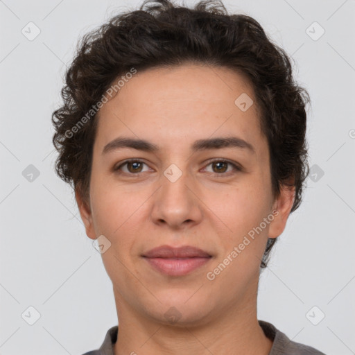 Joyful white adult female with short  brown hair and brown eyes