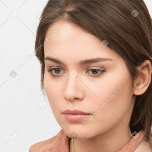 Neutral white young-adult female with medium  brown hair and brown eyes