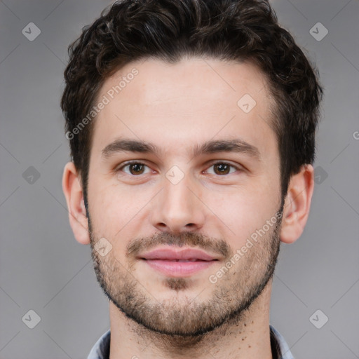 Neutral white young-adult male with short  brown hair and brown eyes