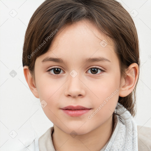 Joyful white child female with medium  brown hair and brown eyes