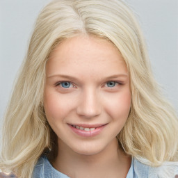 Joyful white young-adult female with medium  blond hair and blue eyes