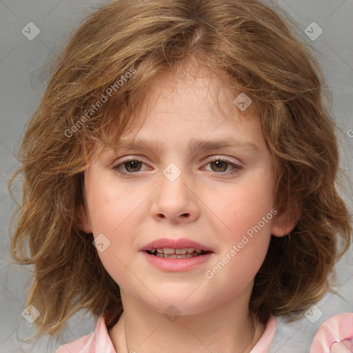 Joyful white child female with medium  brown hair and brown eyes