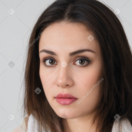 Neutral white young-adult female with long  brown hair and brown eyes