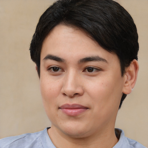 Joyful asian young-adult female with short  brown hair and brown eyes