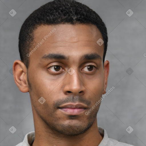 Neutral black young-adult male with short  black hair and brown eyes