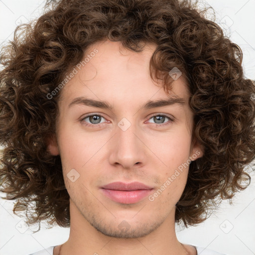 Joyful white young-adult female with medium  brown hair and green eyes