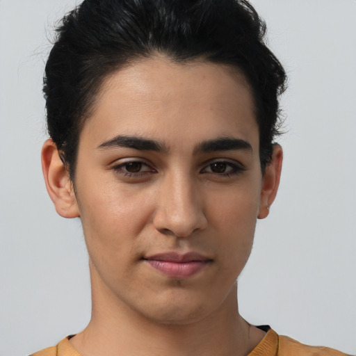 Joyful latino young-adult female with short  brown hair and brown eyes