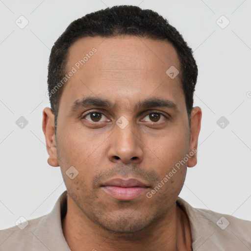 Neutral black young-adult male with short  brown hair and brown eyes