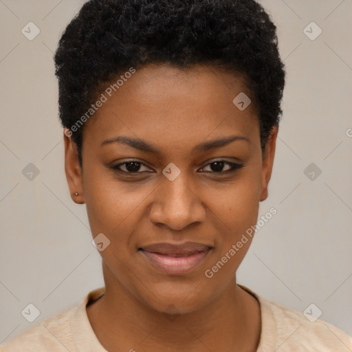 Joyful black young-adult female with short  black hair and brown eyes