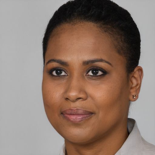 Joyful black young-adult female with short  brown hair and brown eyes