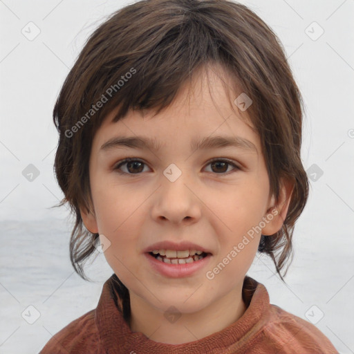 Joyful white child female with medium  brown hair and brown eyes