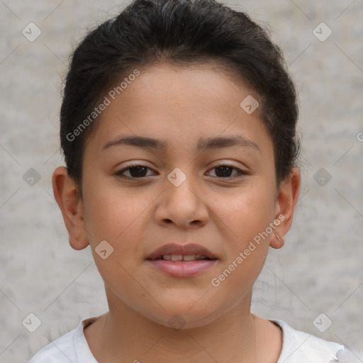 Joyful white child female with short  brown hair and brown eyes