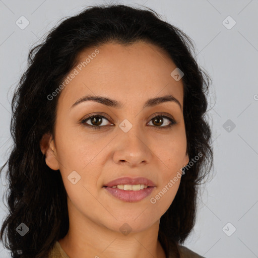 Joyful latino young-adult female with long  brown hair and brown eyes