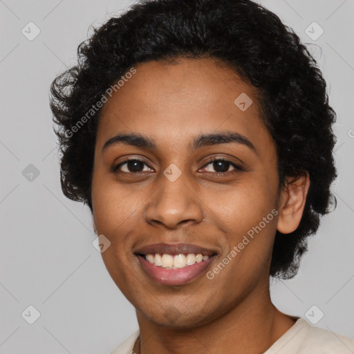 Joyful latino young-adult female with short  black hair and brown eyes