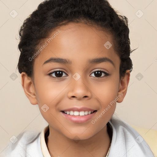 Joyful white child female with short  brown hair and brown eyes