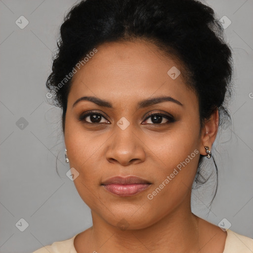 Joyful latino young-adult female with medium  black hair and brown eyes