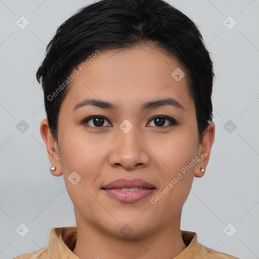 Joyful asian young-adult female with short  brown hair and brown eyes