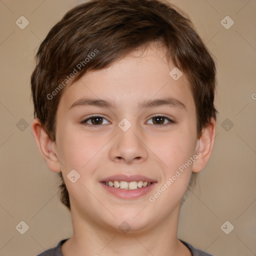 Joyful white child male with short  brown hair and brown eyes