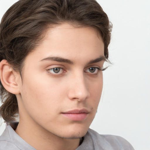 Neutral white young-adult male with medium  brown hair and grey eyes