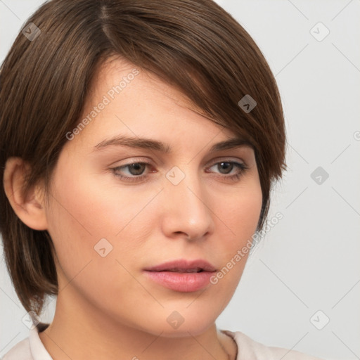 Neutral white young-adult female with medium  brown hair and brown eyes