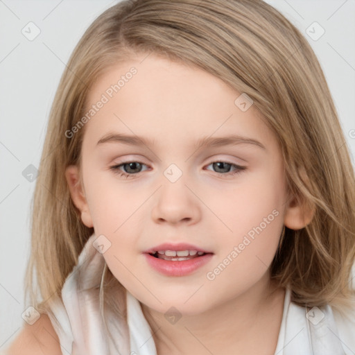 Joyful white child female with medium  brown hair and brown eyes