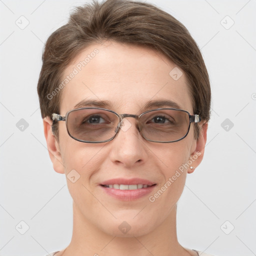 Joyful white young-adult female with short  brown hair and grey eyes